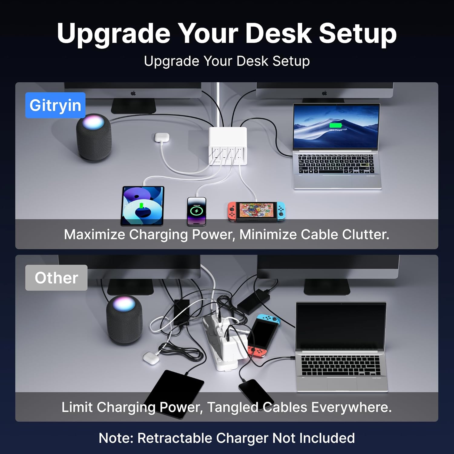 Gitryin 1 Type-C Retractable Wall Charger with USB A Port and 11-in-1 Desktop Charging Station with 3 Type-C Retractable Wall Chargers