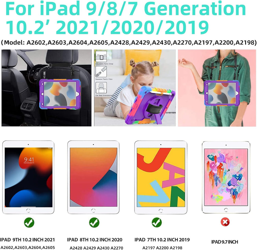 BLOSOMEET Case for iPad 9th/8th Generation 2021/2020 10.2 Inch with Tempered Glass Screen Protector |Rugged Shockproof iPad 7th Gen Kids Cover 2019 w/Stand Pencil Holder & Hand Shoulder Strap|Purple