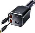 Retractable Car Charger, 4 in 1 Fast Charging USB-C & USB-A Compatible with iPhone 16/15/14/13/12/11 Pro Max, 69W Fast Car-Charger Cigarette Lighter Adapter for Galaxy, Pixel (Light-ning+USB-C) Black