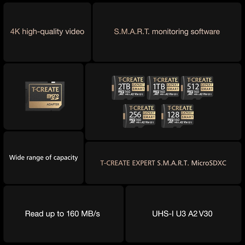 TEAMGROUP T-Create S.M.A.R.T A2 512GB Micro SDXC U3 V30 4K R/W Speed up to 160/150 MB/s High Speed Flash Memory Card for Creators, Compatible with GoPro, Insta360 TTCS512GIA2V3003