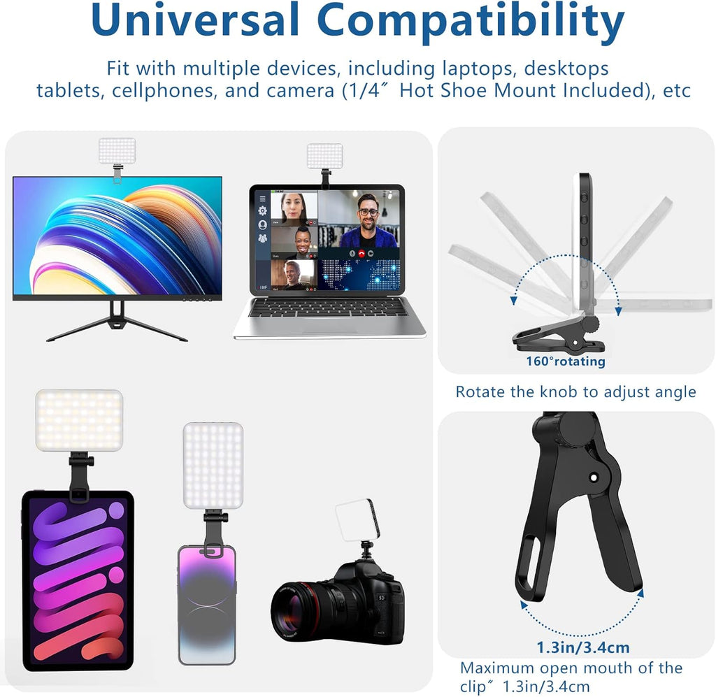 60 LED Portable Selfie Light Video Conference Lighting with Clip & Camera Tripod Adapter Rechargeable 2200mAh CRI 97+, 3 Light Modes for Phone iPhone Webcam Laptop Photo Makeup