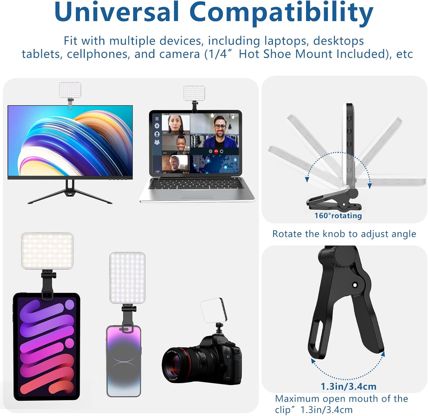 60 LED Portable Selfie Light Video Conference Lighting with Clip & Camera Tripod Adapter Rechargeable 2200mAh CRI 97+, 3 Light Modes for Phone iPhone Webcam Laptop Photo Makeup