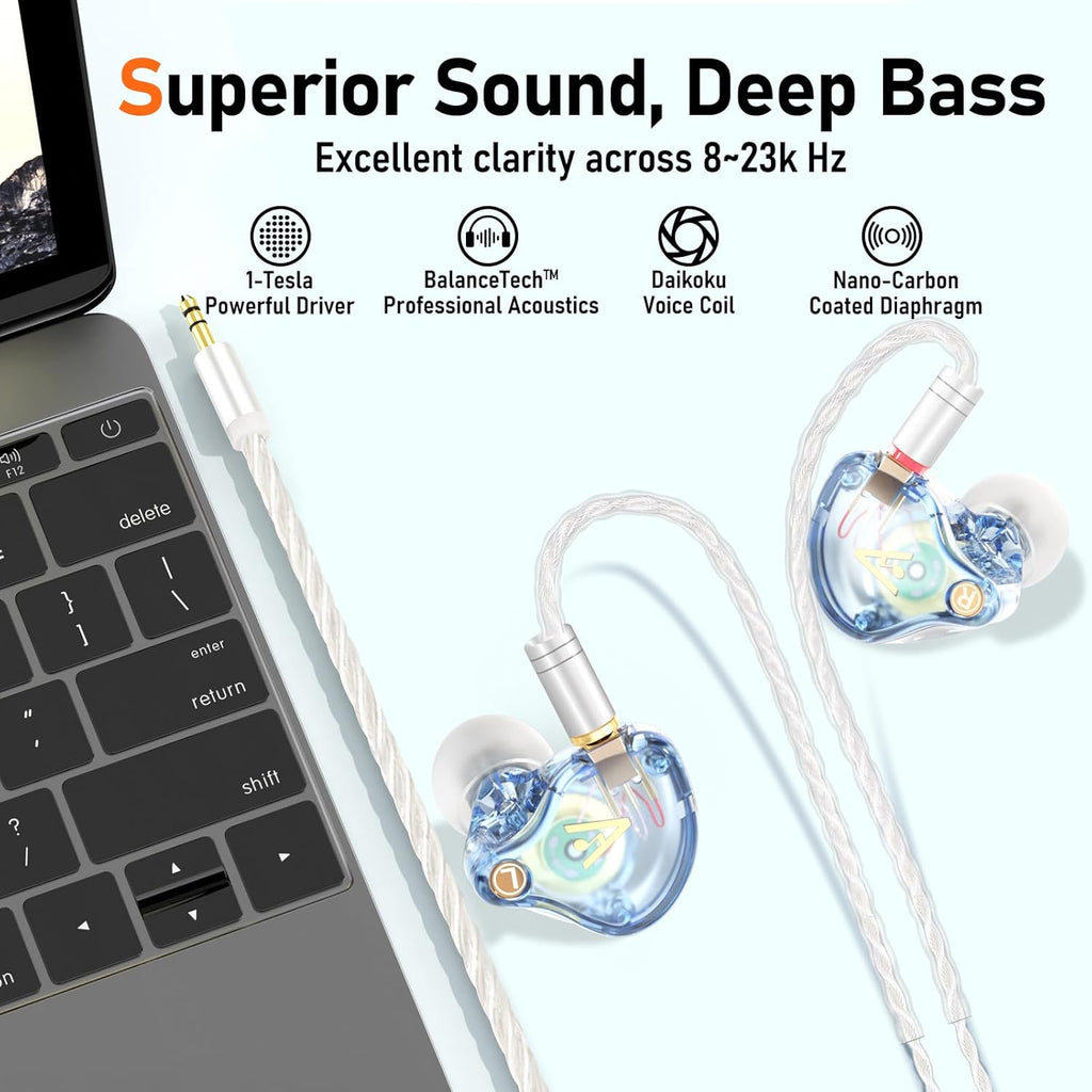 Vibes 202 Wired Earbuds - HiFi in Ear Monitor Headphones – Professional Noise-Isolating Ear Buds - Clear Sound, Deep Bass & Comfort-Fit IEM Earphones - MMCX to 3.5mm, Silver Plated Cord, Carrying Case