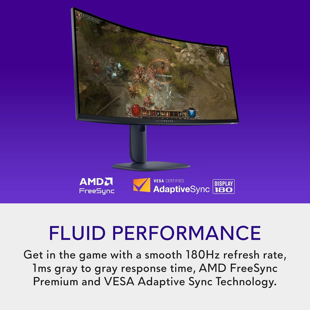 Alienware 34 Curved Gaming Monitor – AW3425DWM - 34-inch WQHD 180Hz 1ms Display, 1500R, AMD FreeSync Premium, VESA AdaptiveSync.