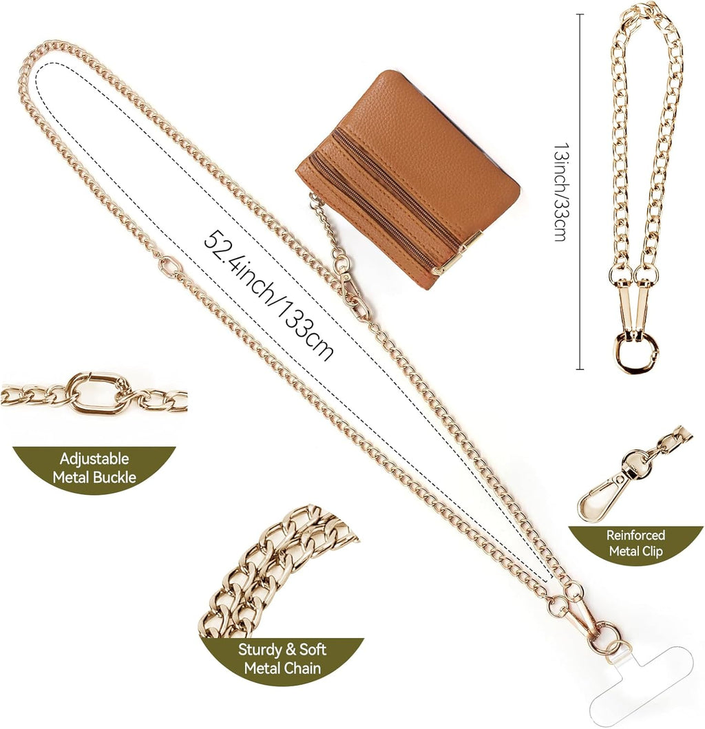 Clip and Go Strap for Phone Gold Metal Chain with Brown Purse Wallet Crossbody Phone Lanyard for Women with Cell Phone Stand Holder 2 Patches Tether Adjustable Anti Theft for iPhone 16 15 All Phones