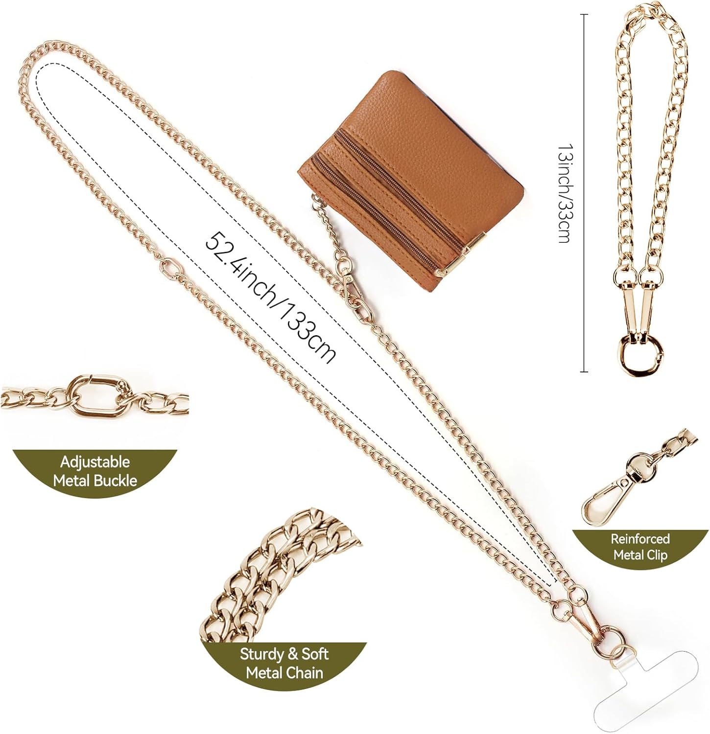 Clip and Go Strap for Phone Gold Metal Chain with Brown Purse Wallet Crossbody Phone Lanyard for Women with Cell Phone Stand Holder 2 Patches Tether Adjustable Anti Theft for iPhone 16 15 All Phones