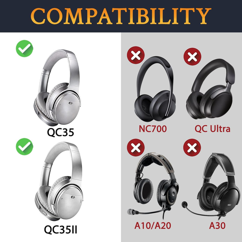 SoloWIT Ear Pads Cushions Replacement, Earpads for Bose QuietComfort 35 (QC35) and Quiet Comfort 35 II (QC35 II) Over-Ear Headphones, Softer Leather, Noise Isolation Foam - PL Silver