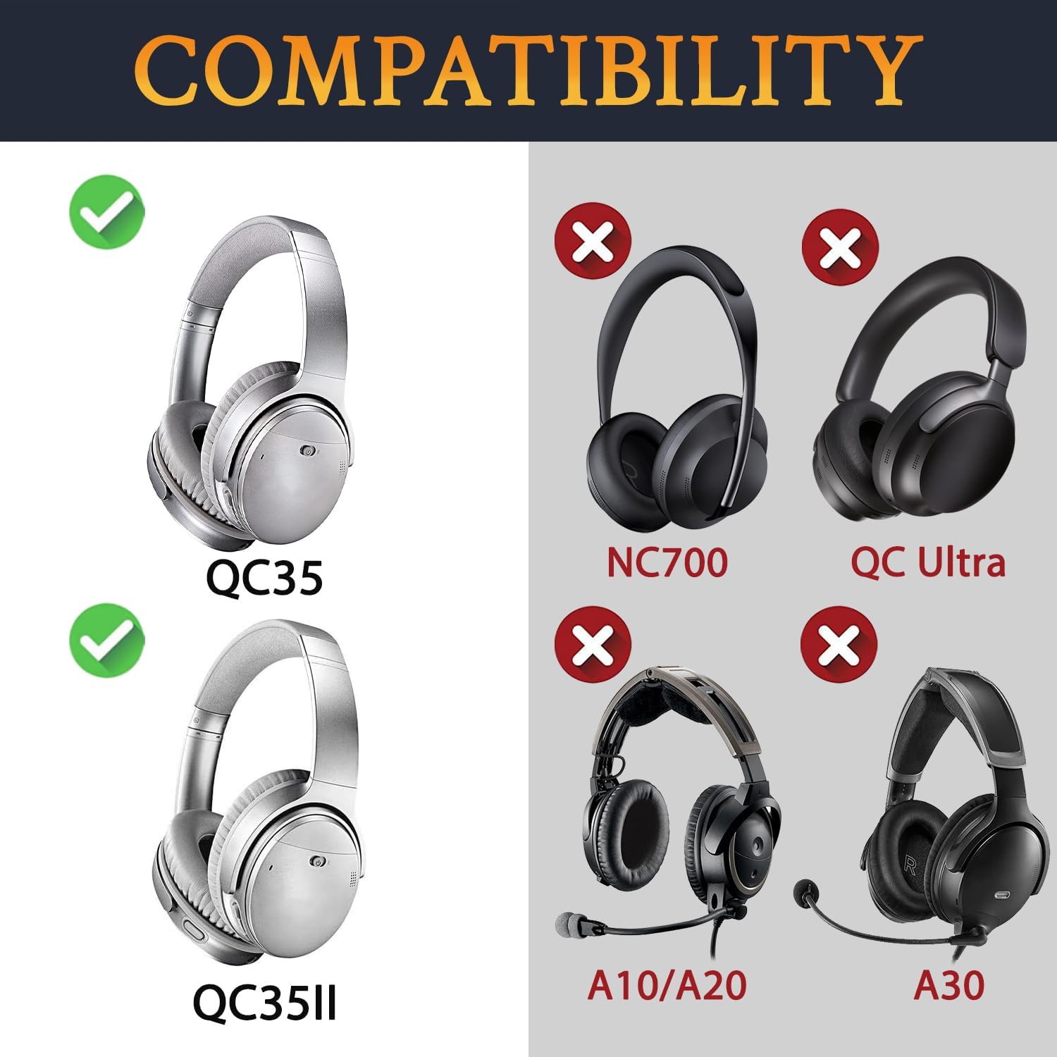 SoloWIT Ear Pads Cushions Replacement, Earpads for Bose QuietComfort 35 (QC35) and Quiet Comfort 35 II (QC35 II) Over-Ear Headphones, Softer Leather, Noise Isolation Foam - PL Silver