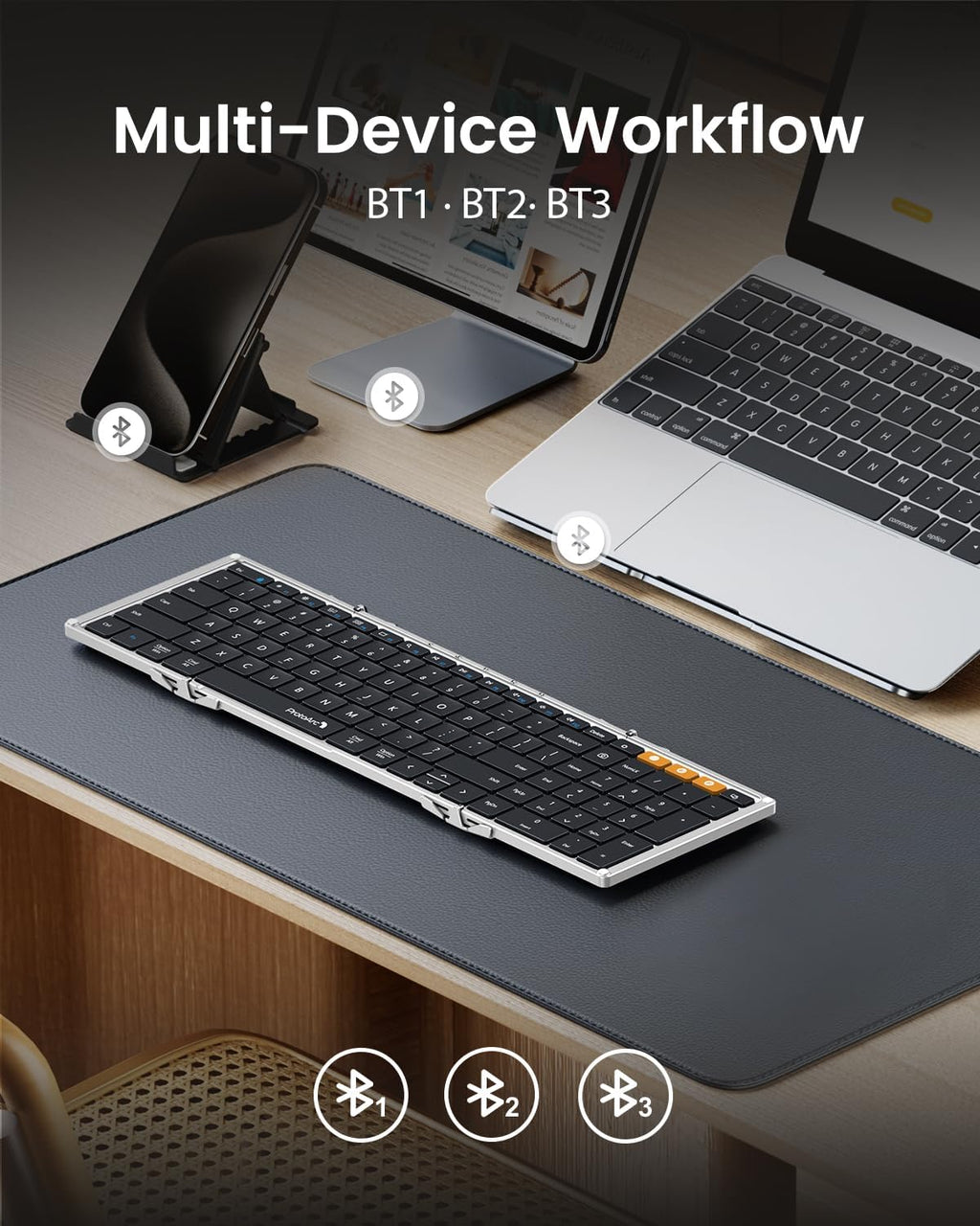 ProtoArc Foldable Bluetooth Keyboard, XK01 Folding Wireless Portable Keyboard with Numeric Keypad, Full-Size Travel Keyboards for iPad Tablet Smartphone Laptop PC Windows iOS Android, Black Silver