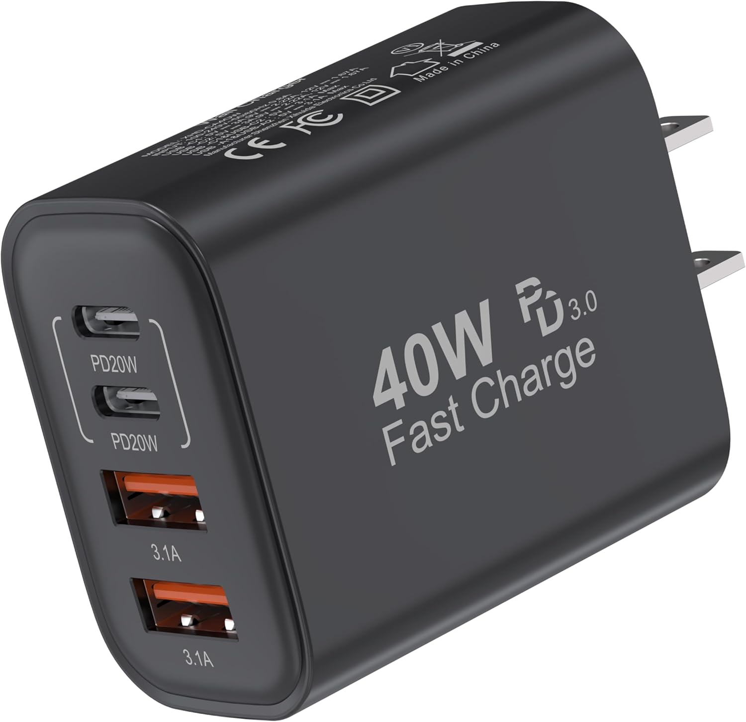 USB C Block 40W, 4 Ports Wall Plug Fast Charging Block, PD+QC Multiport Power Adapter USB C Charger Type C for iPhone 16,15,14,13,12,11, Pro Max, X, Xr, Xs, 8, 7, Watch, Galaxy Phones-Black 1Pack