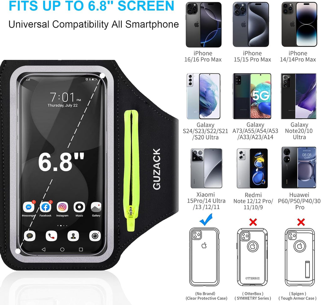 GUZACK Running Armband for iPhone 16 15 14 13 Pro Max, Galaxy S25 S24 S23 S22, with Card Slot & Key Pockets, Sports Arm Bands Phone Holder, Fit Up to 6.9 Inches Phone - Size L (Bigger Arm 14-17 in)