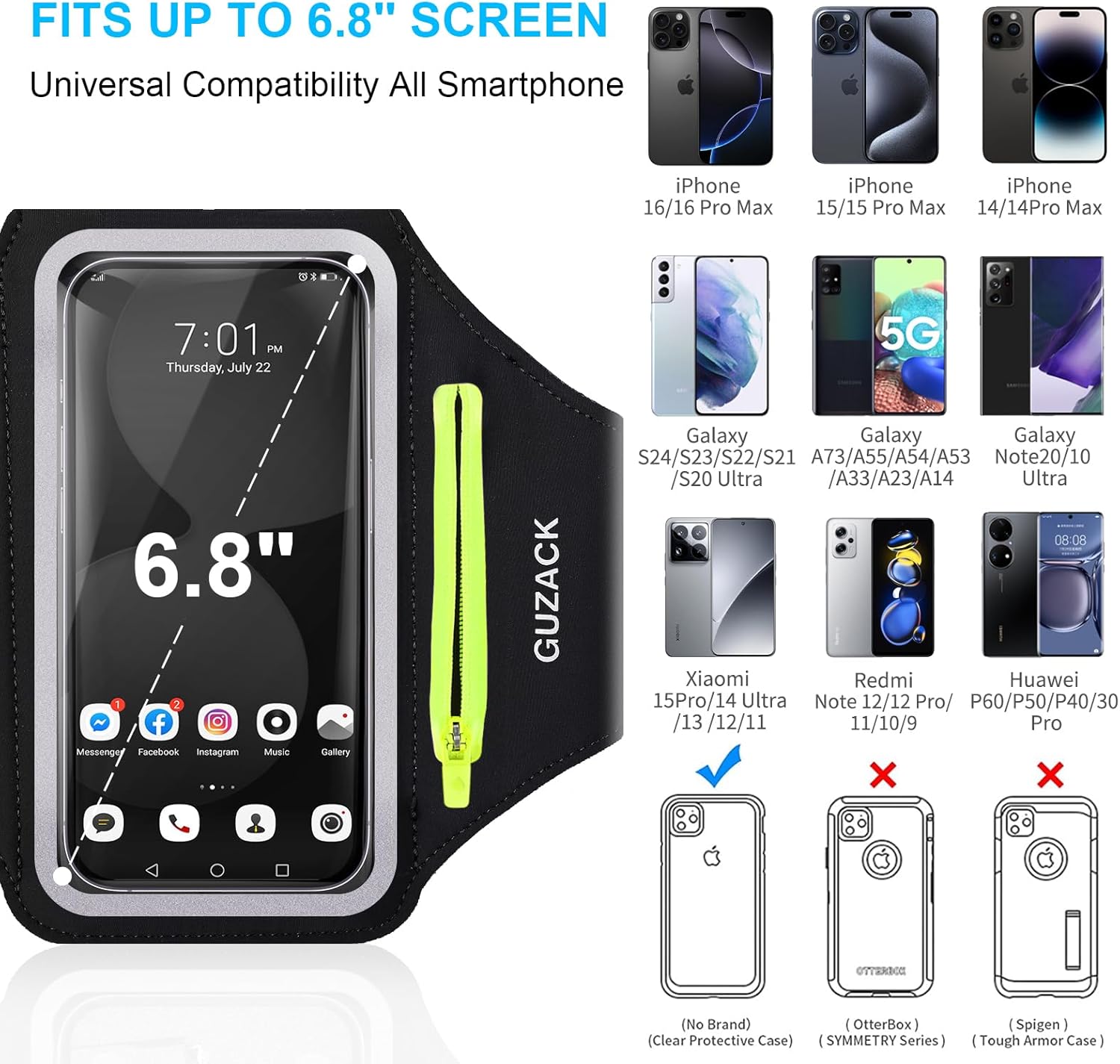 GUZACK Running Armband for iPhone 16 15 14 13 Pro Max, Galaxy S25 S24 S23 S22, with Card Slot & Key Pockets, Sports Arm Bands Phone Holder, Fit Up to 6.9 Inches Phone - Size L (Bigger Arm 14-17 in)