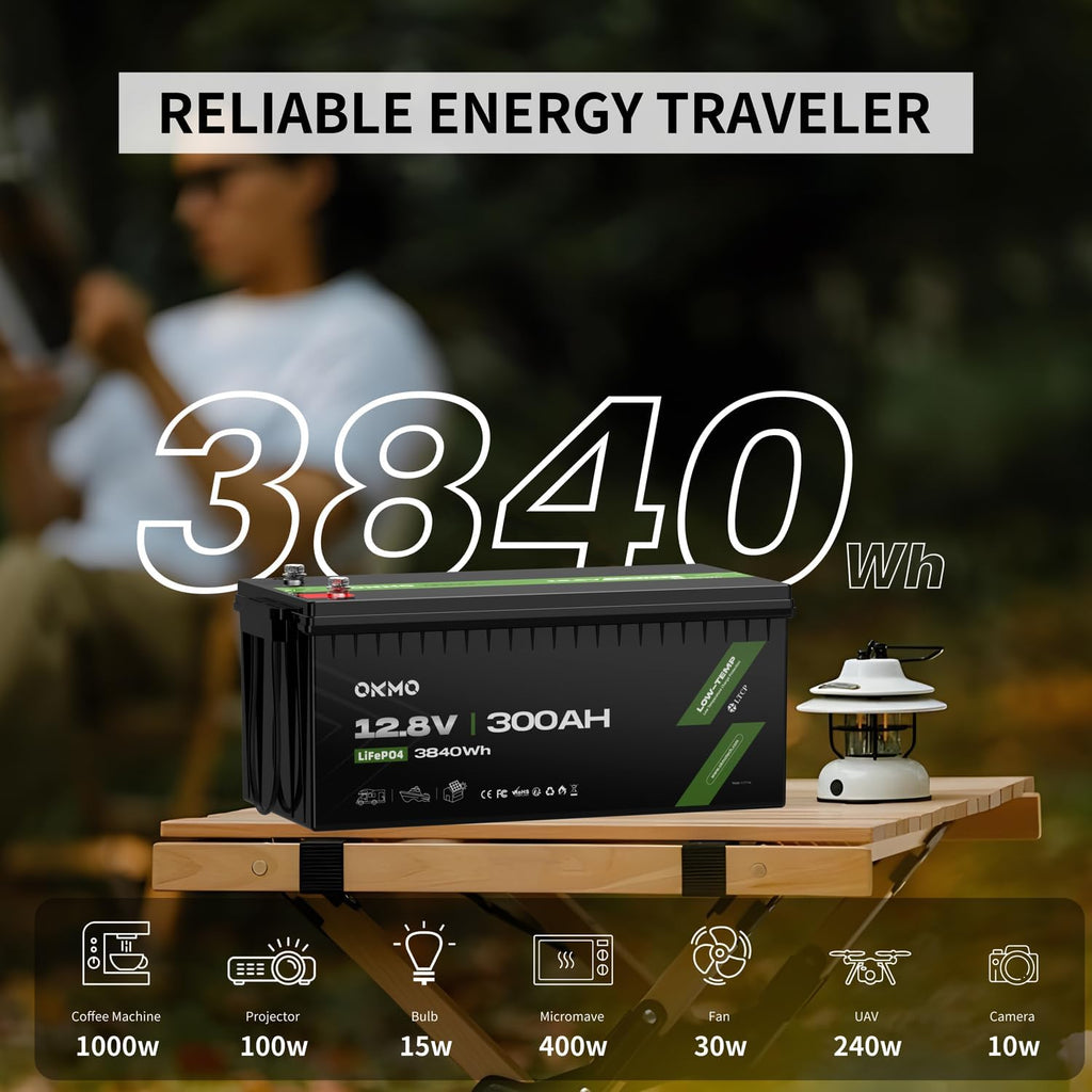OKMO 12V 300Ah LiFePO4 Lithium Battery 3840Wh Rechargeable Lithium Battery with BMS 10 Years Lifetime 15000+ Deep Cycles,for Solar systerm,RV,Camping,Battery Backup,Marine and Home Energy Storage