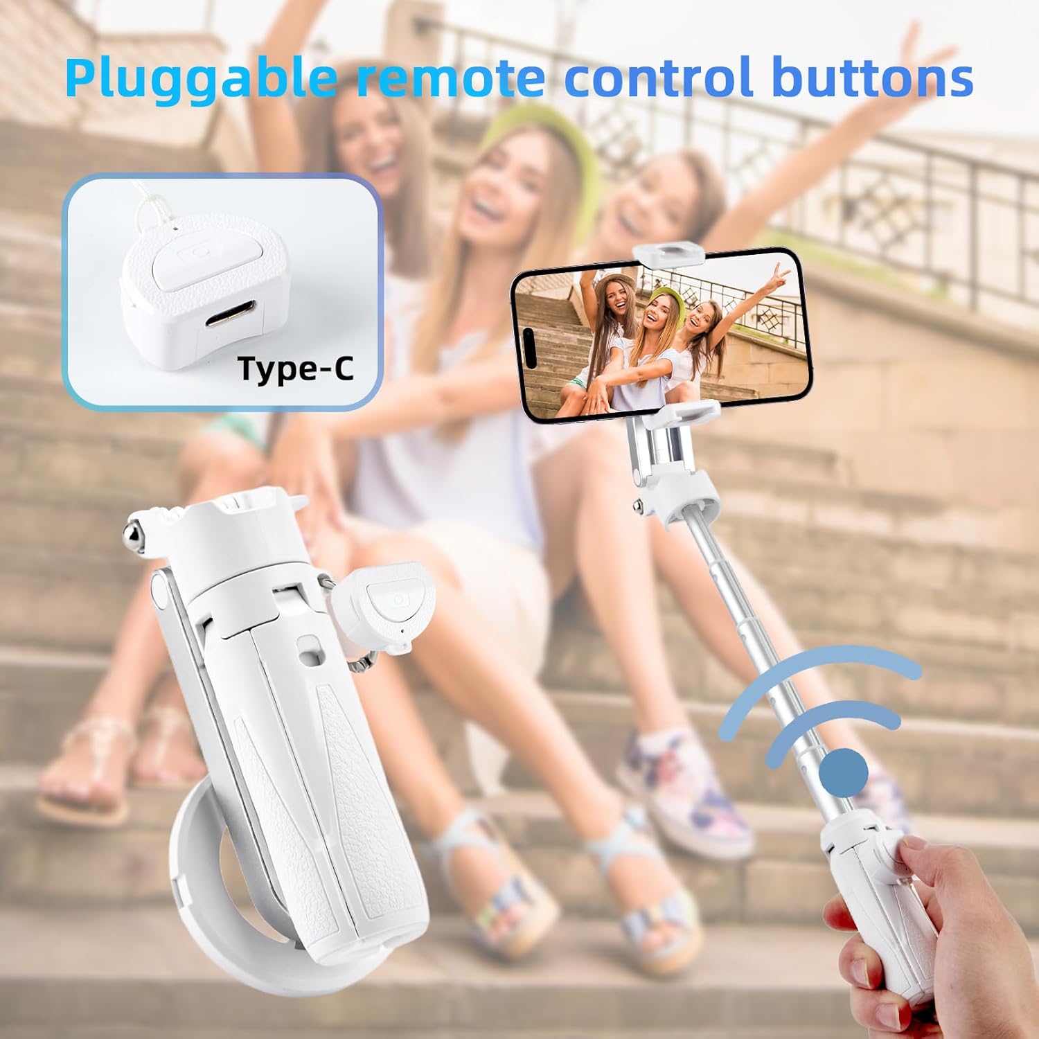 MQOUNY for Magsafe Tripod Stand for iPhone,Portable Pocket Size Selfie Stick with Rechargeable Remote and Metal Ring,Extendable Detachable Cell Phone Tripod Compatible with iPhone/Android (White)