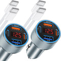 iPhone Fast Car Charger, 65W 4-Port USB C Car Phone Charger Adapter with 2x6FT USB C Cable, Multi Port Cigarette Lighter USB Charger with Voltage Display for iPhone 16 15 Pro Max,iPad,Samsung, Android