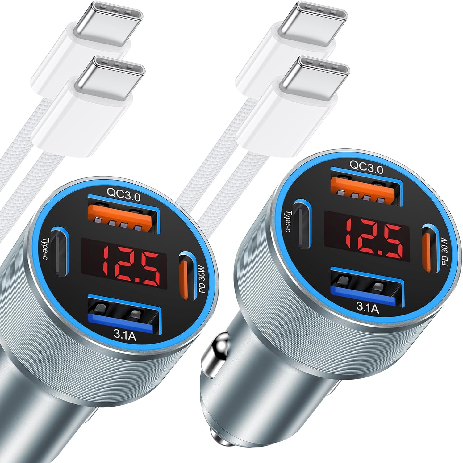 iPhone Fast Car Charger, 65W 4-Port USB C Car Phone Charger Adapter with 2x6FT USB C Cable, Multi Port Cigarette Lighter USB Charger with Voltage Display for iPhone 16 15 Pro Max,iPad,Samsung, Android