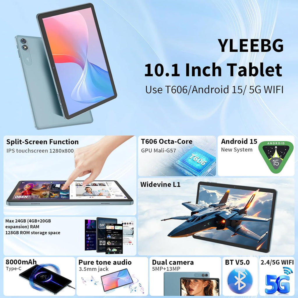 Android Tablet with Keyboard,10 inch Android 15 tablet, 24GB RAM 128GB ROM, 1TB Expand, Octa-Core, Widevine L1, 2.4G/5G WiFi, 8000mAh, Bluetooth, GMS, 2 in 1 Tablet with Case, Mouse, Stylus（Pink)