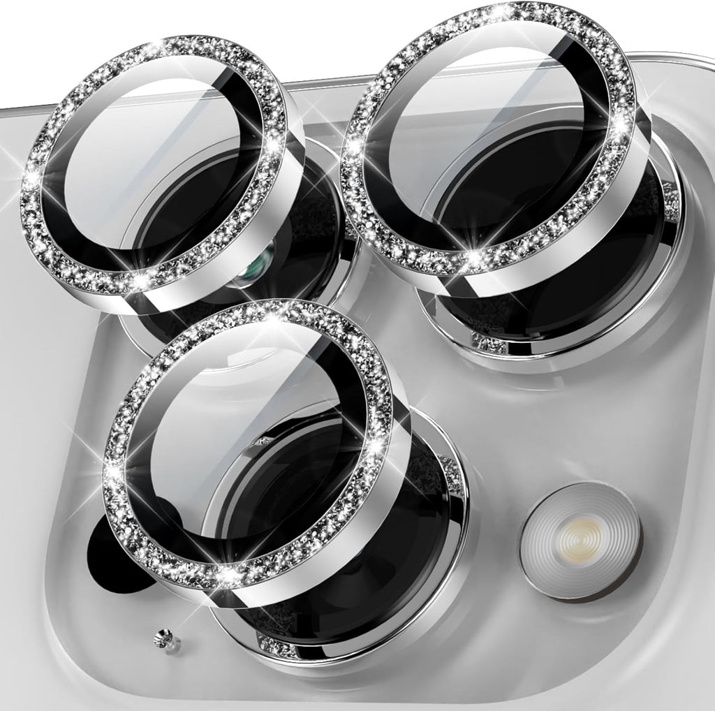 YWXTW Designed for iPhone 15 Pro/iPhone 15 Pro Max Camera Lens Protector Bling, [New Glitter Design] Individual Metal Tempered Glass Camera Cover Accessories Case Friendly (Silver Titanium Glitter)