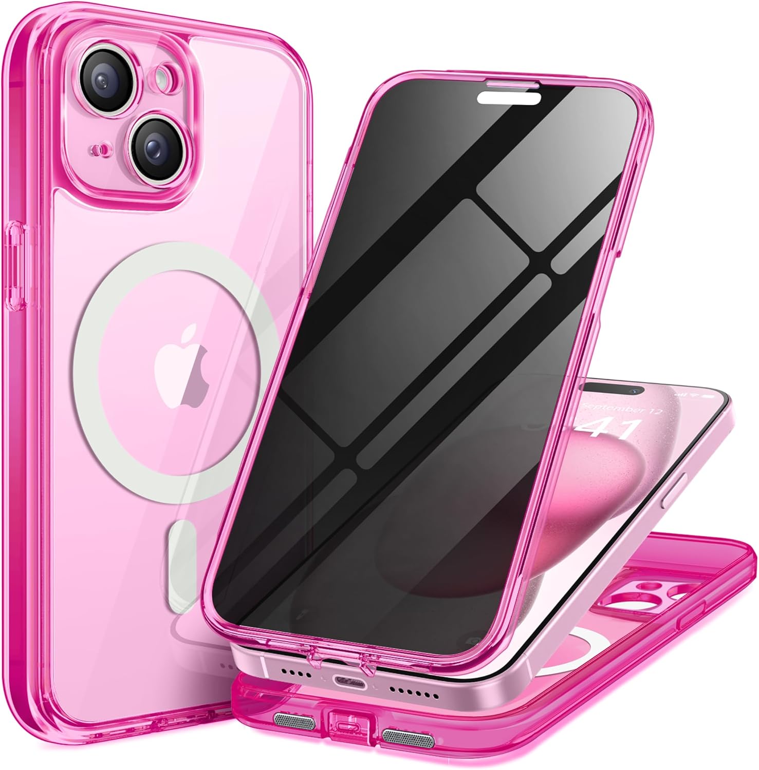 Magnetic for iPhone 15 Case, Compatible with MagSafe, Built-in Privacy Screen Protector and Camera Protection, Anti Spy Full Body Dustproof Shockproof Hard Phone Case 6.1", Fluorescent Pink