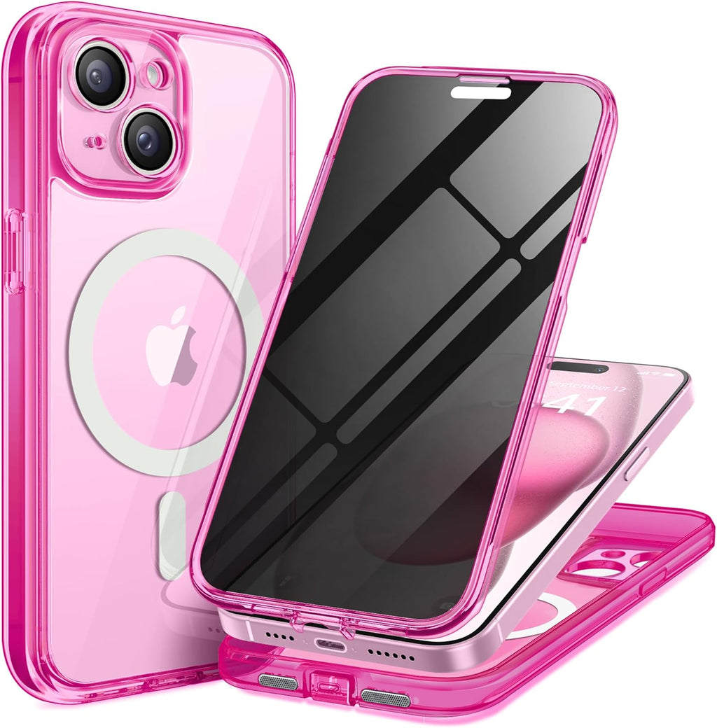 Magnetic for iPhone 15 Plus Case, Compatible with MagSafe, Built-in Privacy Screen Protector and Camera Protection, Anti Spy Full Body Dustproof Shockproof Hard Phone Case 6.7", Bright Pink