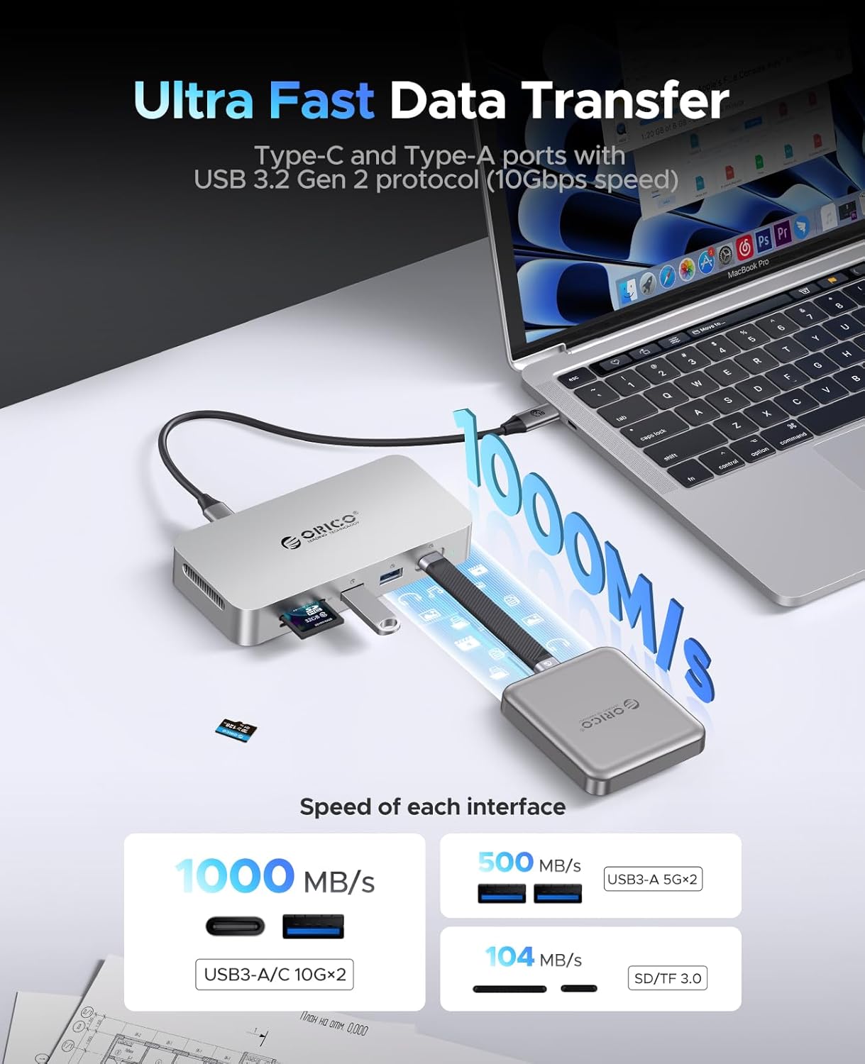 ORICO 512 GB External SSD Docking Station, SSD Expansion + Hub Extension, Up to1000MB/s, 10-in-1 USB C HUB with Internal SSD, Support 4K@60Hz HDMI Display, 100W PD, Ethernet, SD/TF, Mac Mini - SJ10