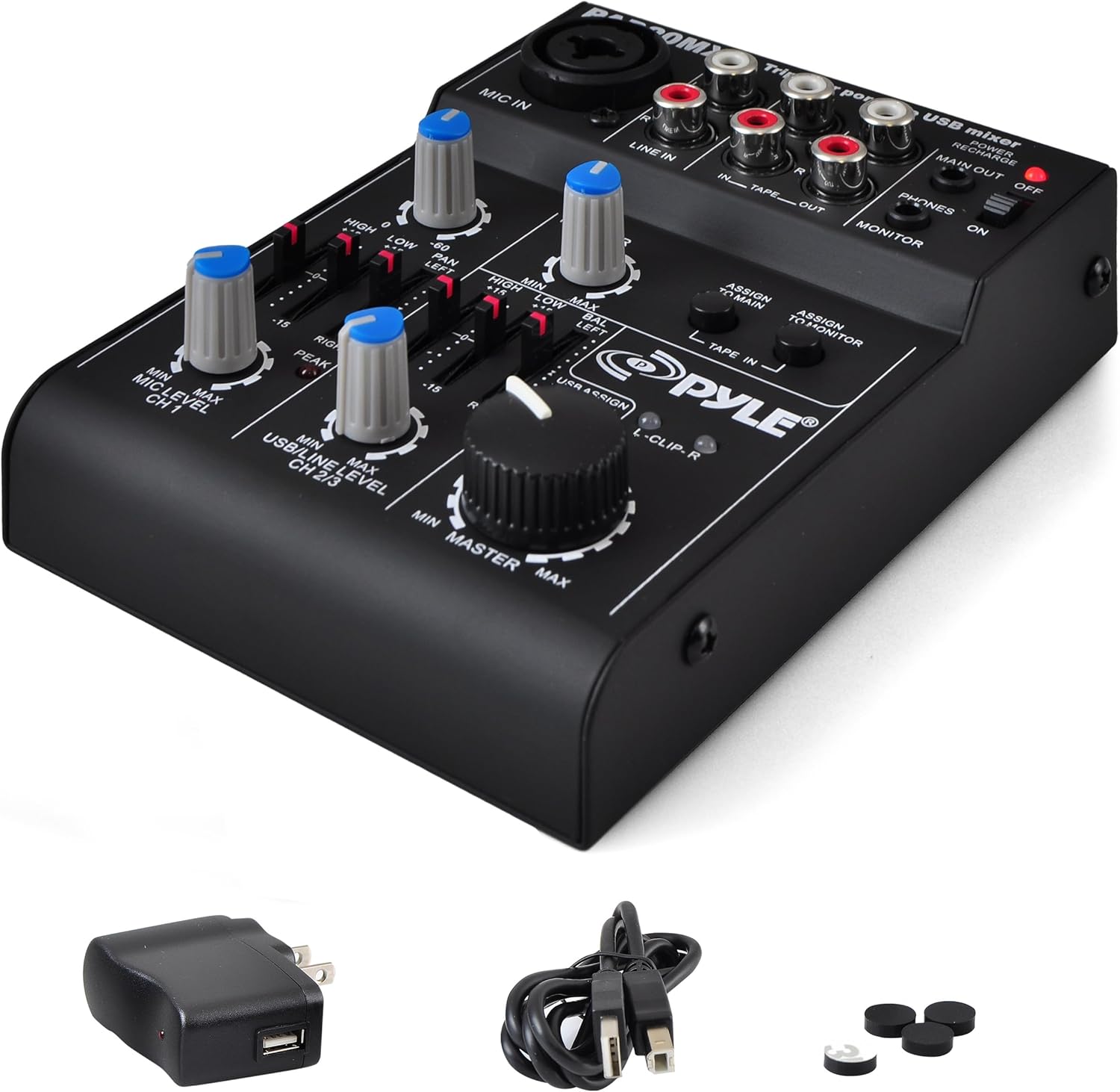 Pyle 5-Channel Professional Audio Mixer DJ Sound Board – Compact Music Mixer with USB Interface, EQ Controls, XLR Mic Input, 18V Phantom Power, Rechargeable Battery – USB/Line/Master Controls