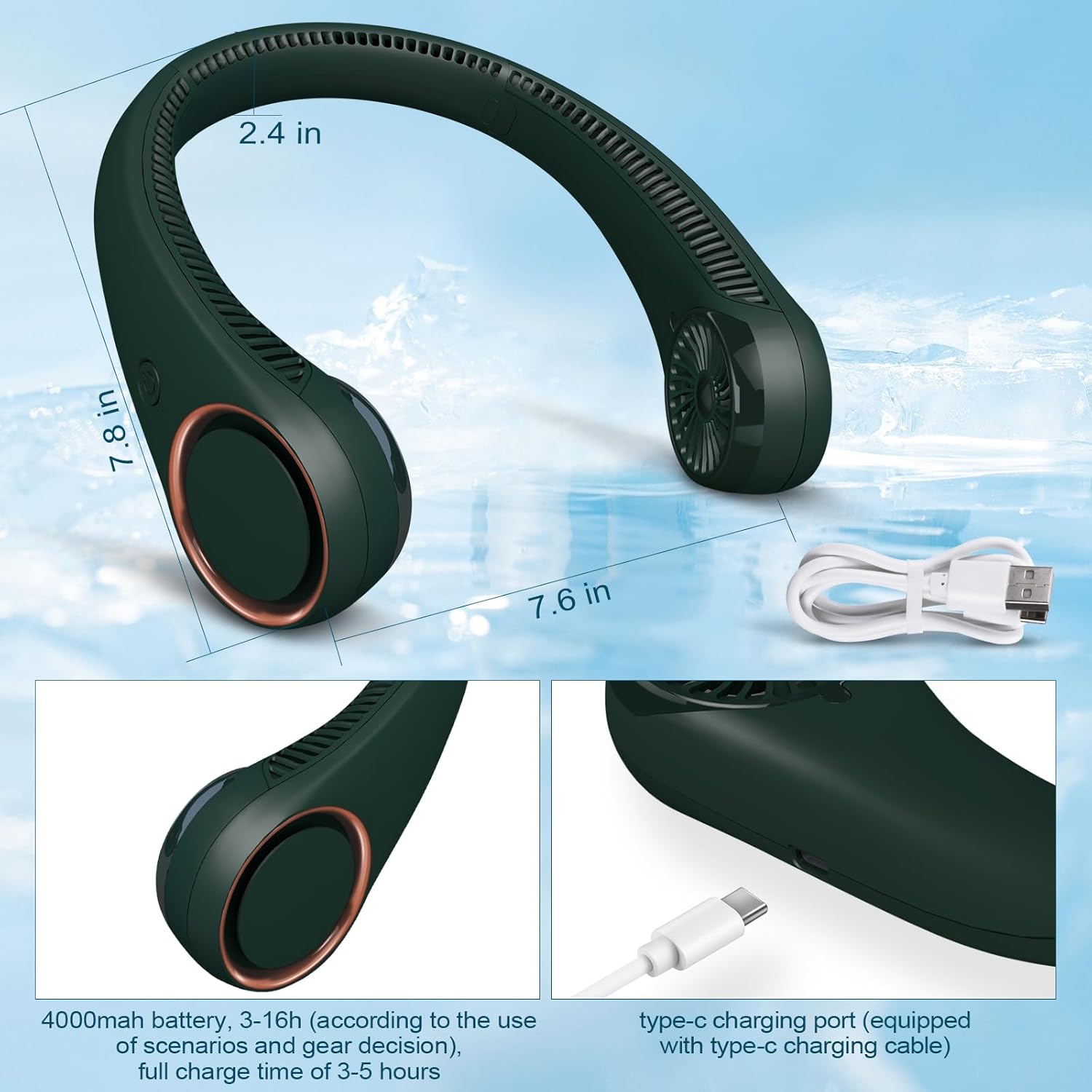 CIVPOWER Neck Fan: Portable Personal Neck Cooling Rechargeable Bladeless Fan - Hands Free 3 Speed 4000 mAh Battery USB Operated Wearable Headphone Design - for Men Women Outdoor Indoor (Dark Green)