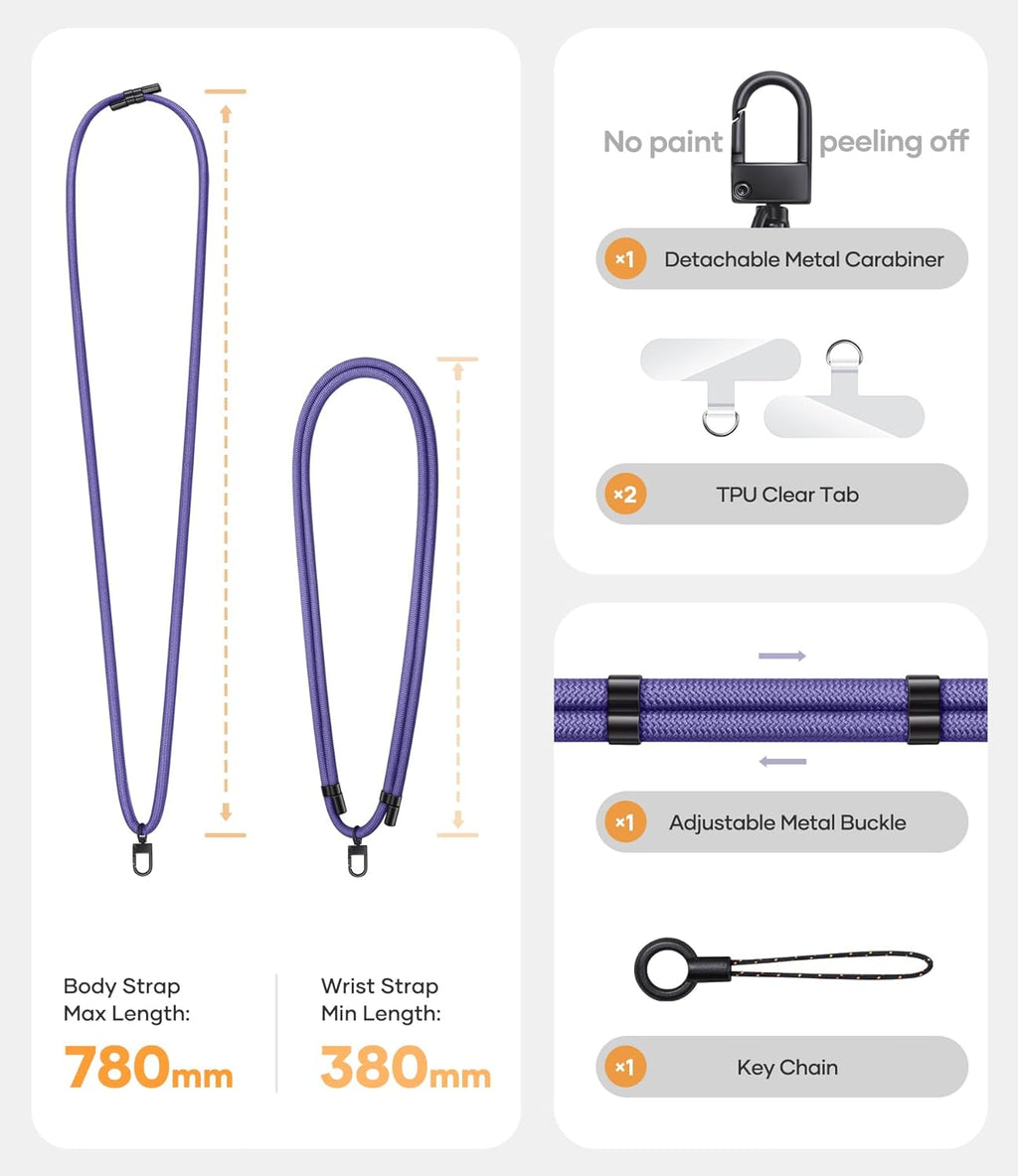 for Phone Lanyard Crossbody with 2X TPU Clear Phone Tabs, Multifuctional Double Flexible Neck Strap, Durable Sturdiness Carabiner, Lightweight Comfortable, Wrist for Women Men, Purple