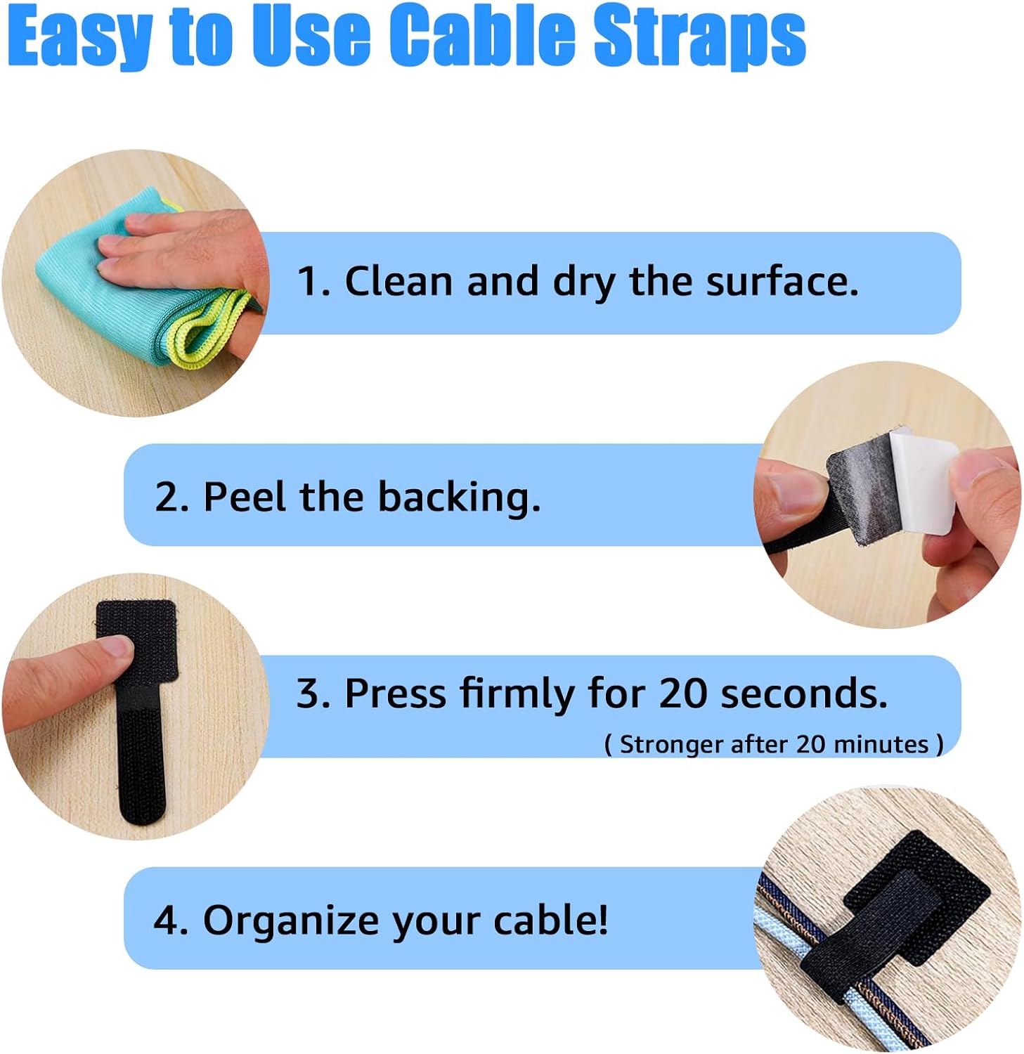 80PCS Hook and Loop Cable Ties, Hook and Loop Cable Straps, Under Desk Cable Management, Adhesive Cable Clips, Sticky-Back Cord Organizer for Desk, Household & Office Organization (Black+Gray)