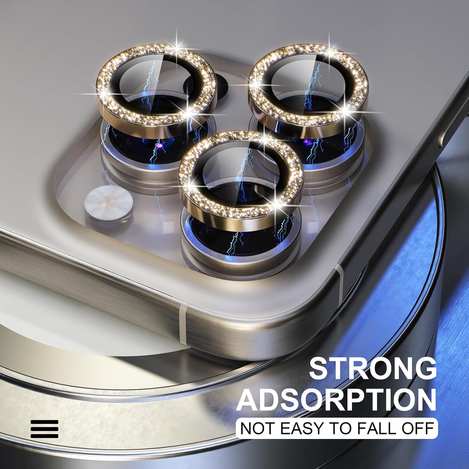 Choiche Compatible for iPhone 15 Pro/iPhone 15 Pro Max Camera Lens Protector Bling, 9H Tempered Glass Camera Cover Screen Protector Metal Ring Decoration Accessories (Glitter-Gold)