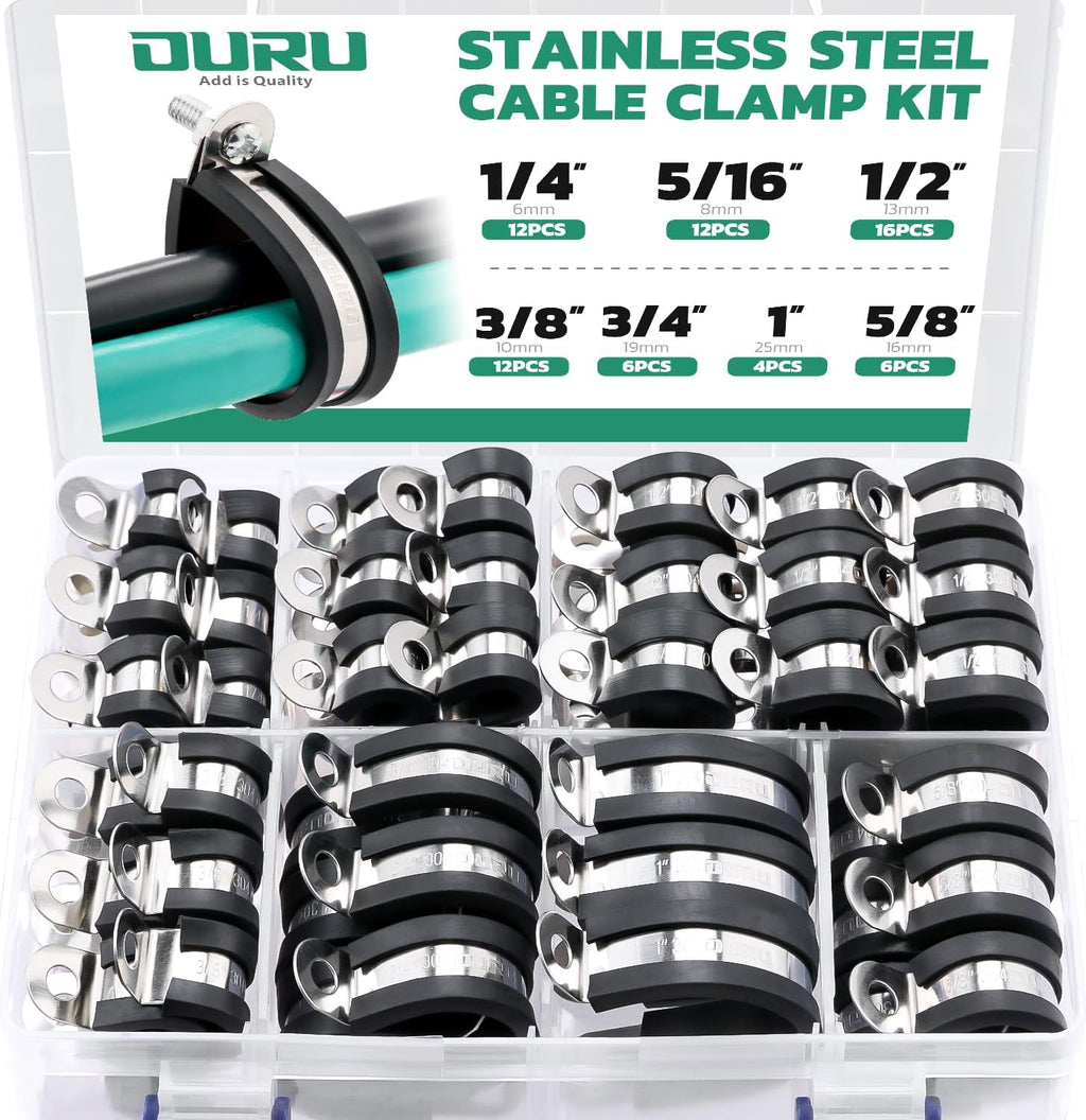 68PCS Cable Clamps Assortment Kit,7 Sizes Stainless Steel Rubber Coated Cushioned Insulated Cable Clamps-Metal Wire Clamps,Pipe Clamps for Tube,Lines