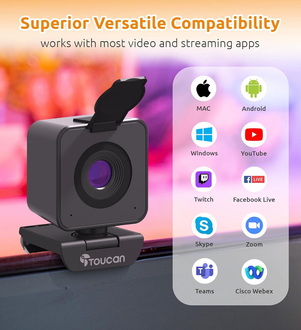 TOUCAN 1080P HD Webcam with Built-in Noise-Cancelling Mic & Privacy Shutter – Wide 90° Angle, Plug & Play USB Video Camera for Video Calls, Streaming, Home Office & Online Classes