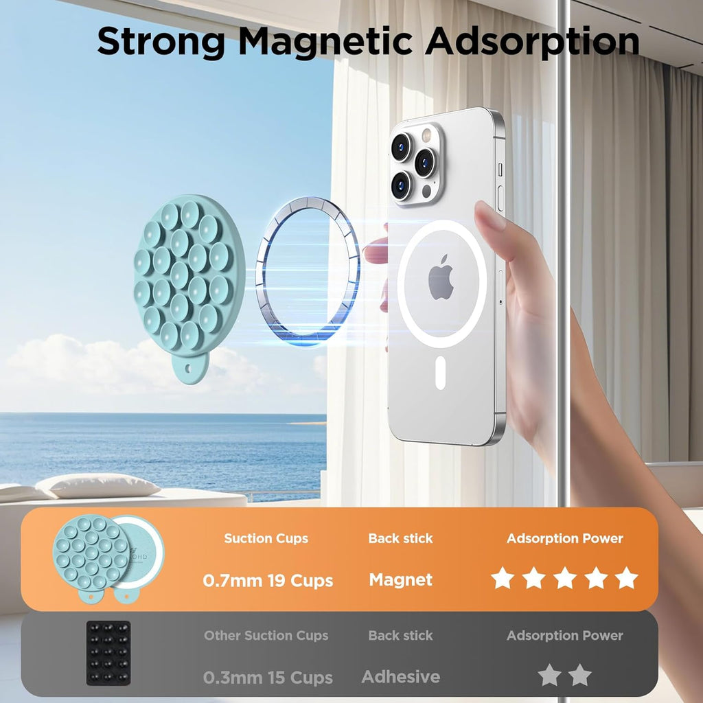 Magnetic Suction Cup Phone Mount for MagSafe Case, Silicone Hands-Free Grip Holder for iPhone and Android, Mirror Shower Phone Stand for Makeup FaceTime Gym Kitchen Bathroom, Light Cyan