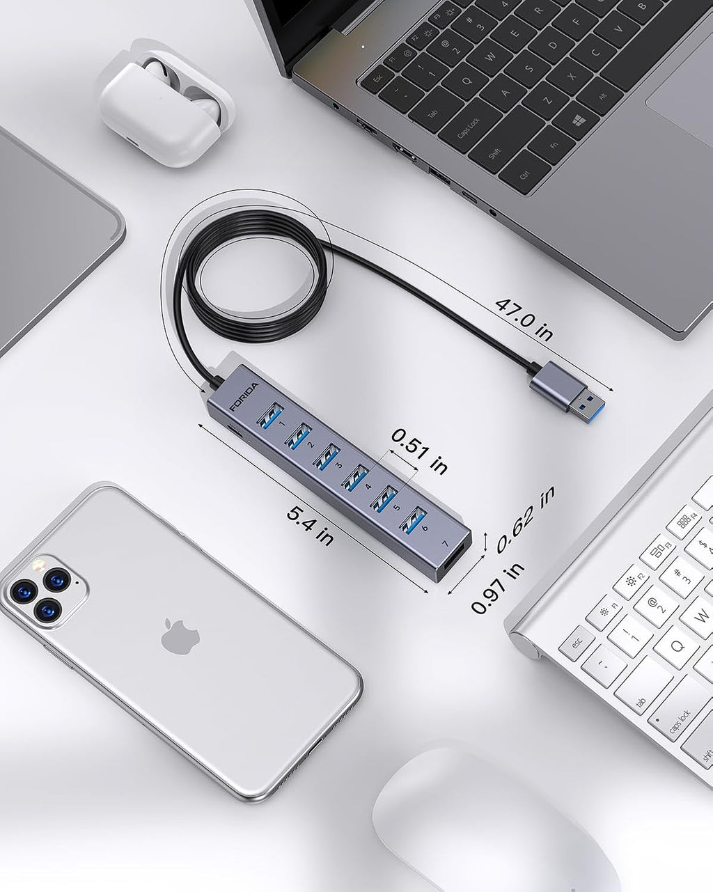 FORIDA USB to USB Hub Long Cable, 8 Ports USB 3.0 Adapter with 7 USB 3.0 Data Ports,USB Splitter with USB C 5V/3A Power Port, 47IN/120CM Main Cable for Laptop PC and More (USB A, 47IN)