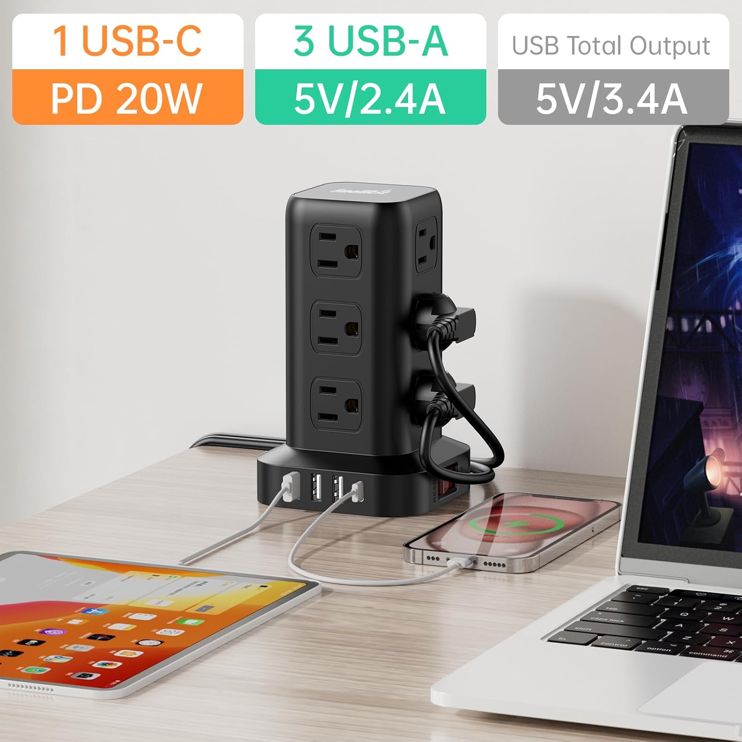PD20W Surge Protector Power Strip Tower, 15FT Extension Cord with Multiple Outlets, 12 AC 4 USB (1 USB C)，Mini Power Strip with USB Ports, Surge Protector Tower Overload Protection for Office, Desk