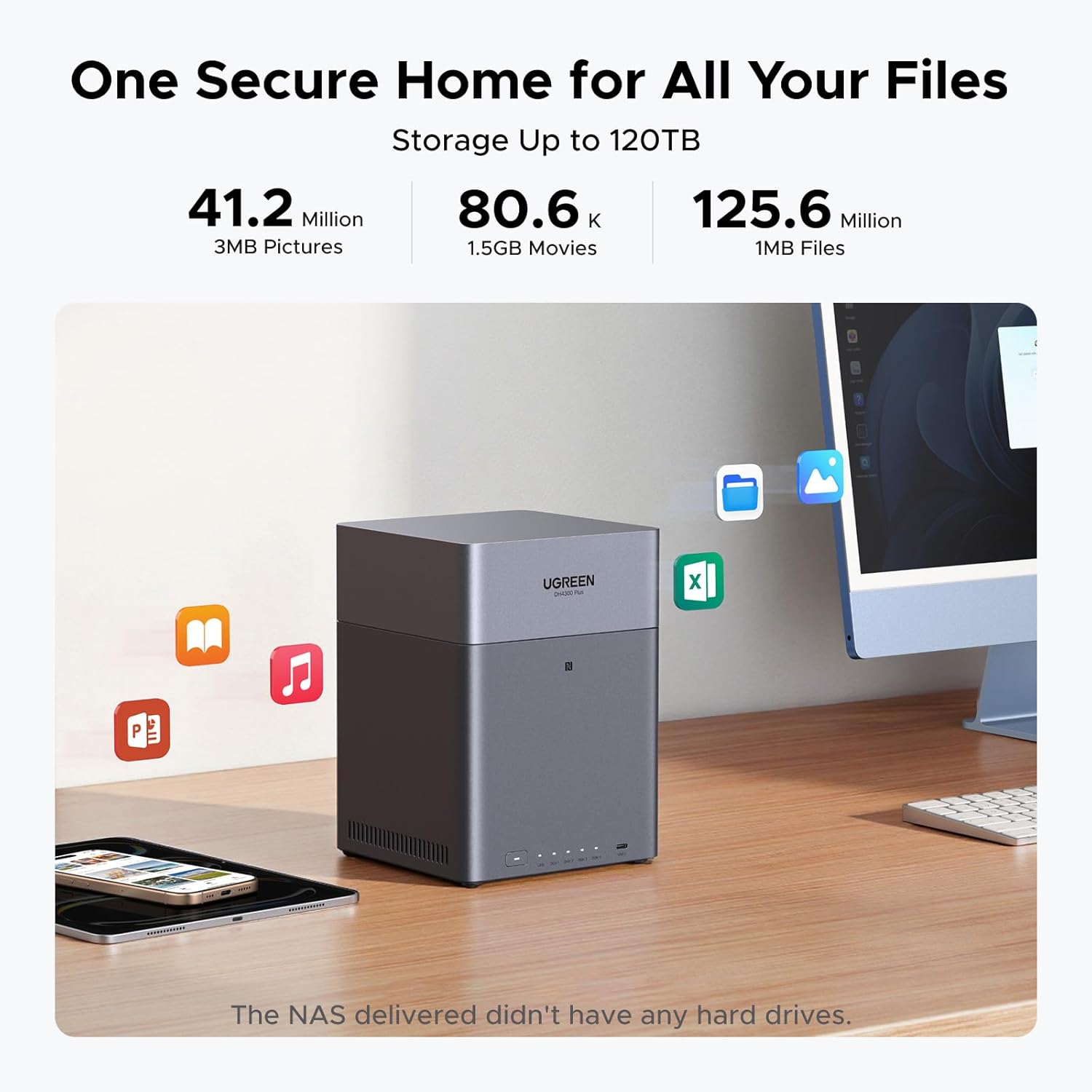 UGREEN NASync DH4300 Plus 4-Bay Desktop NAS, Support Capacity 120TB (Diskless), Remote Access, AI Photo Album, Beginner Friendly System, 8GB LPDDR4X RAM, 2.5GbE, 4K HDMI, Network Attached Storage
