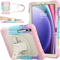 SEYMAC stock Case for Samsung Galaxy Tab S10 FE / S9 / S9 FE 5G Tablet Case Protective with Screen Protector, Pencil Holder, 360 Rotate Stand, Hand Strap, Shoulder Strap, Beige+Pink