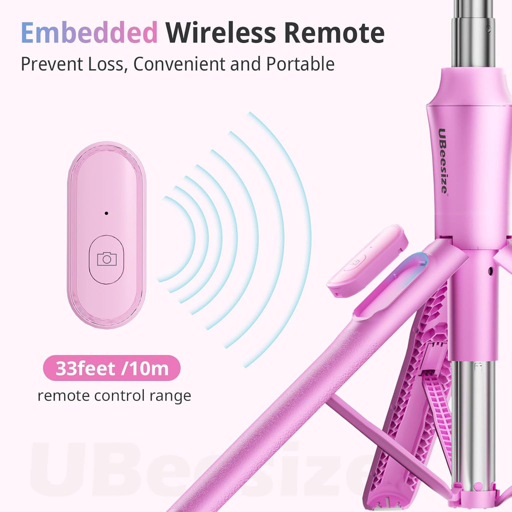 UBeesize Pink 62'' Magnetic Selfie Stick & Phone Tripod with Remote Shutter