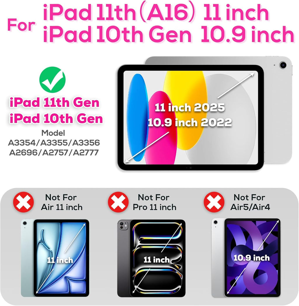 BLOSOMEET Case for iPad A16 11th/10th Generation 11''/10.9'' 2025/2022 with Tempered Glass Screen Protector, Protective Kids Cover with Stand Hand Grip Shoulder Strap, Rosered