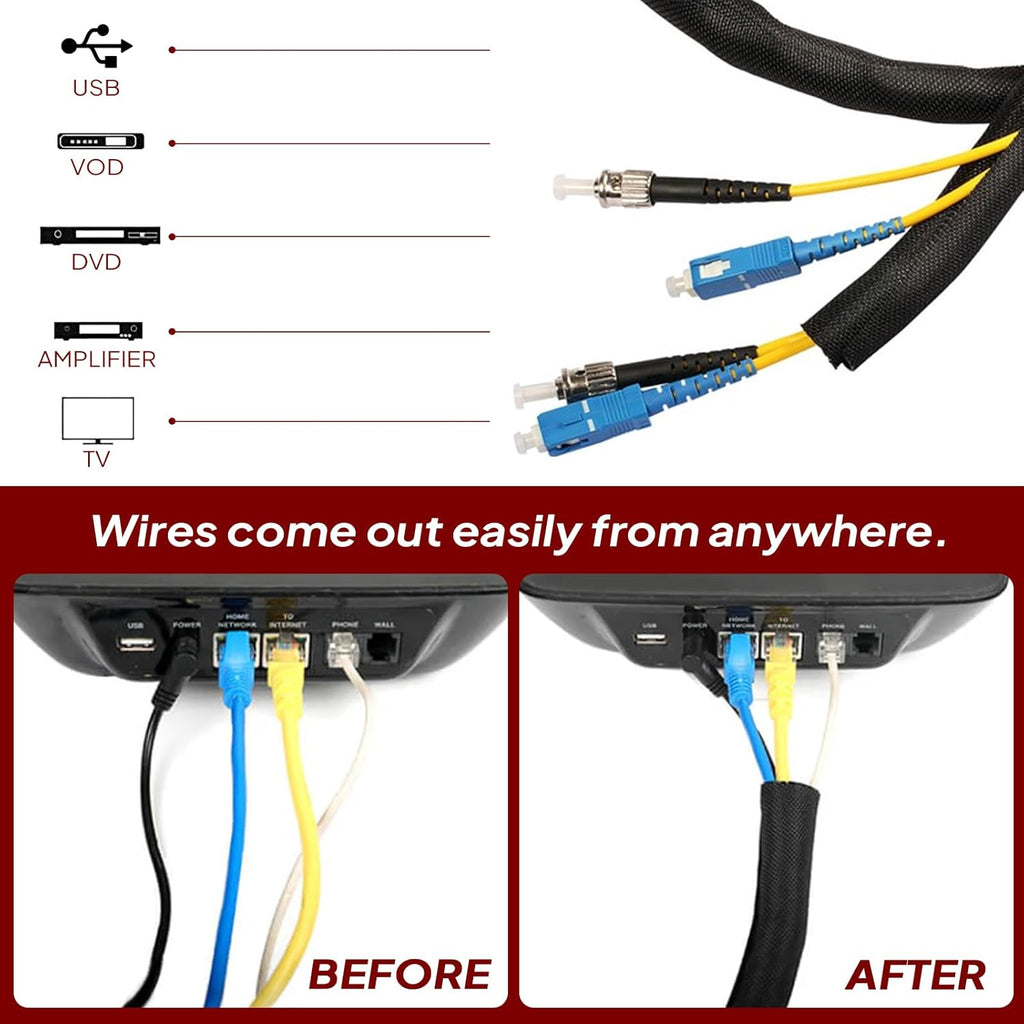 Black Braided Cable Management Sleeves Wire Loom Tubing Cord Protector Self-Wrapping (1/2"-30Feet)