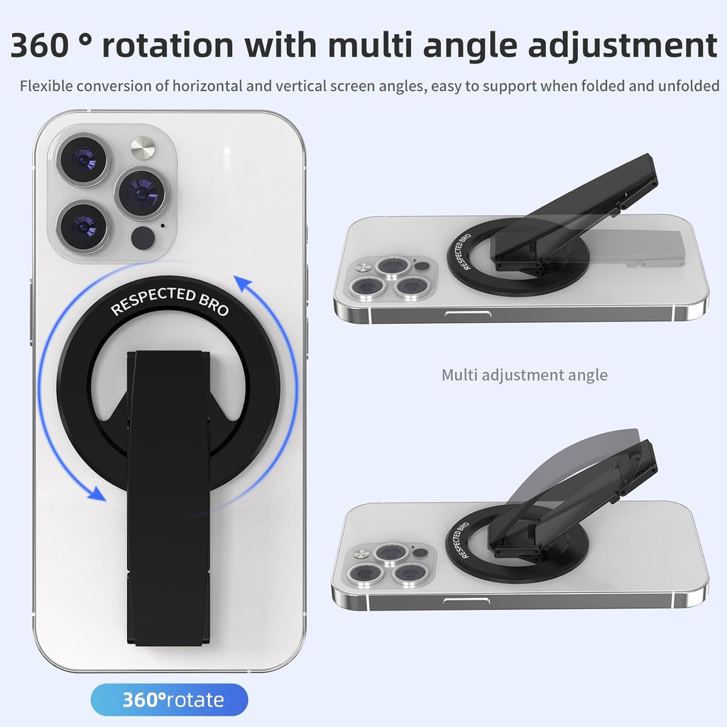 Magnetic-Phone-Grip-Stand, Magnetic Phone Ring Holder Kickstand with Silicone Finger Strap, Compatibility for iPhones, Androids, and More (Black)