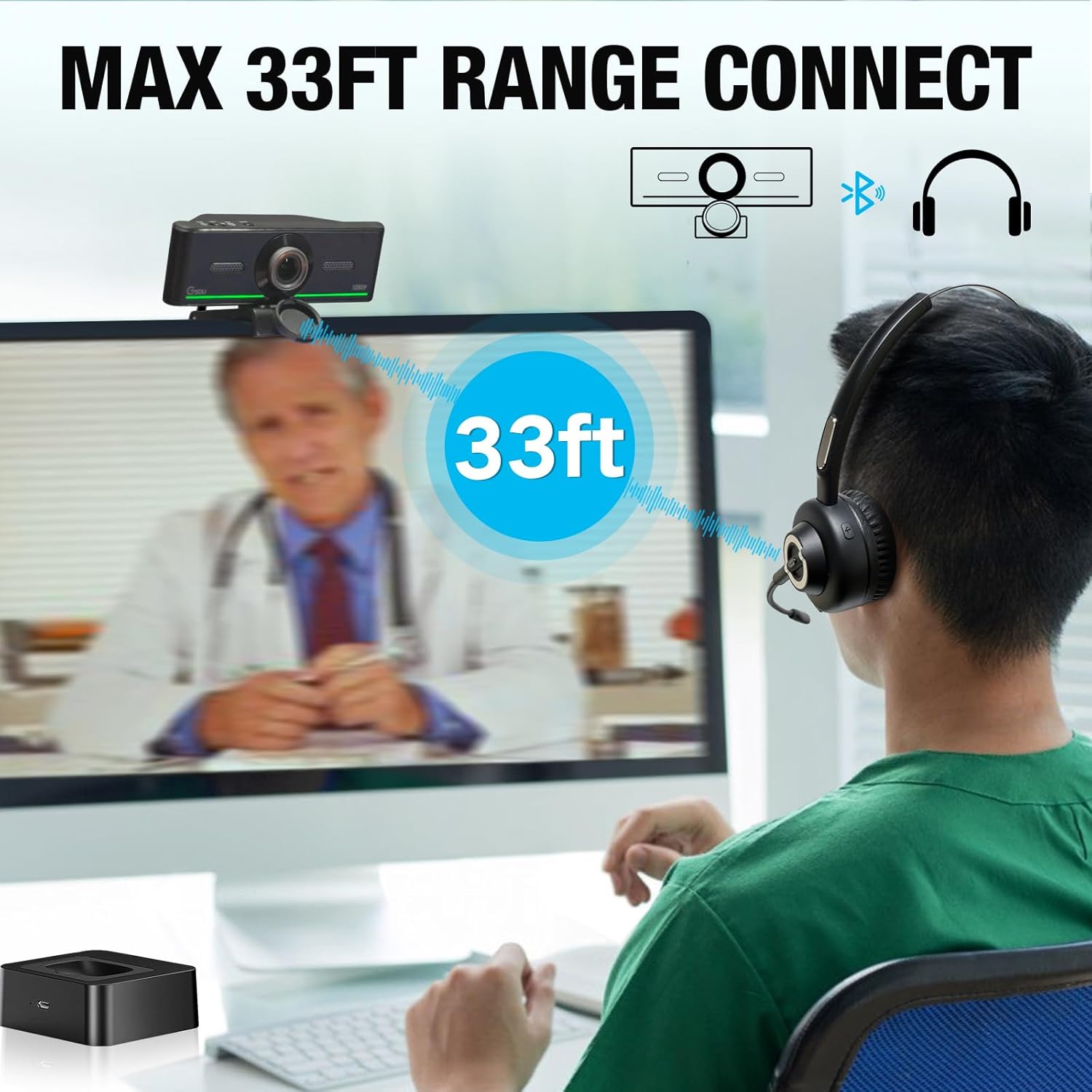 Webcam with Headset and Microphone, 1080P Webcam with Privacy Cover, Plug and Play Web Camera for Desktop Computer Zoom Meetings, Audio Bluetooth only for Headset