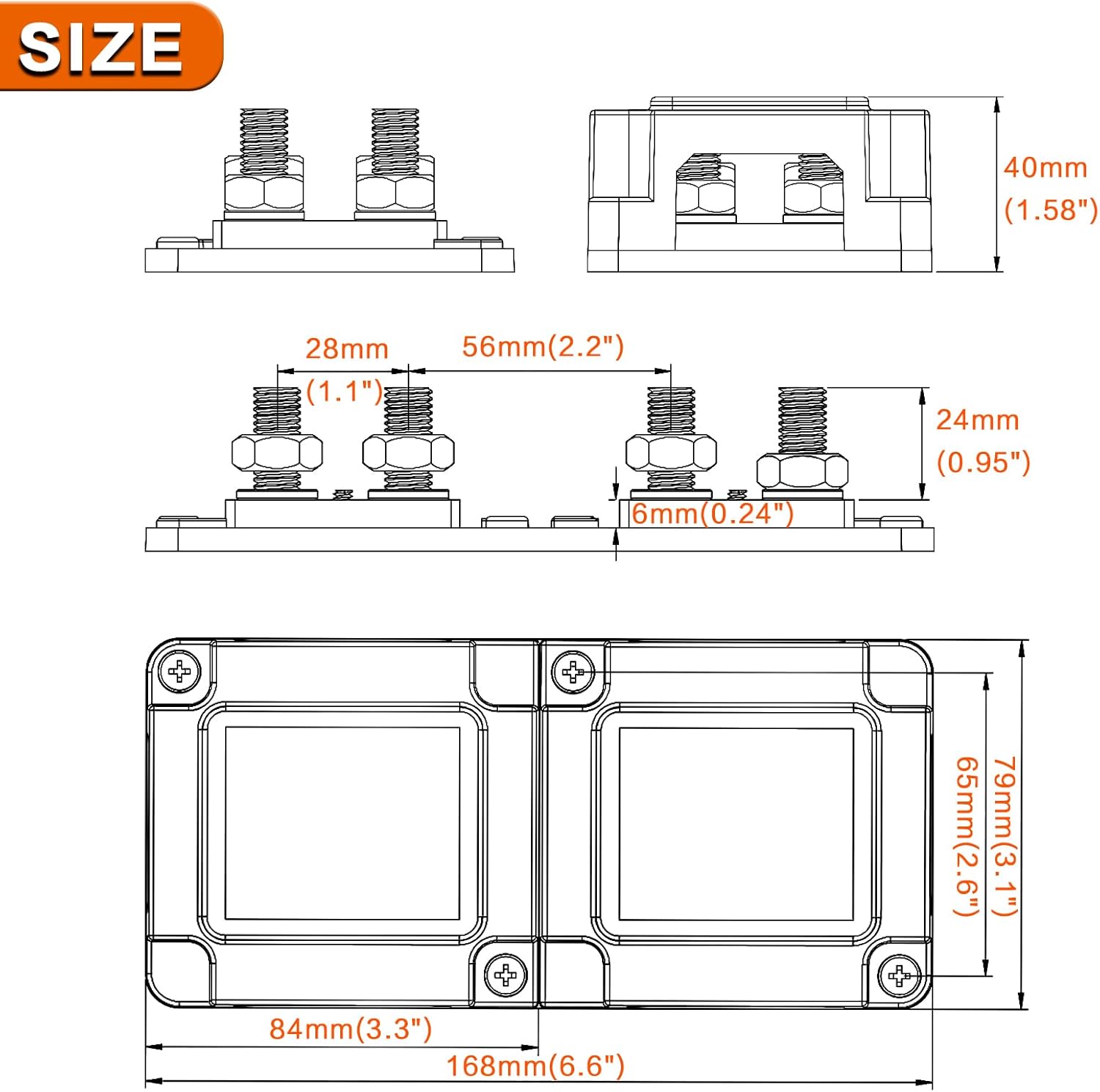 Heavy Duty 400A 12-48V Tin-Plated Copper Block Bus Bar 8xM10(3/8") Studs Independent Modular Positive Negative Ground Battery Junction Block Buss Bar for Solar System Marine Truck Boat