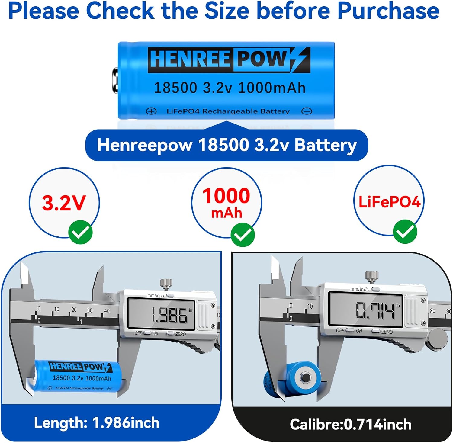 Henreepow 18500 3.2v LiFePo4 Rechargeable Battery, 3.2v LiFePo4 Rechargeable Battery 1000mAh for Outdoor Garden Solar Lights, Flashlight (18500-3.2v-6Pack)