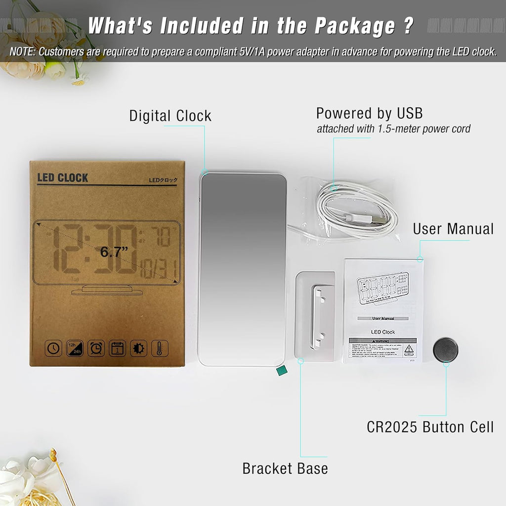 KOSUMOSU Digital LED Clocks for Bedrooms 6.7in White Alarm Clock, Dimming, 12/24h, Date, Day of Week,Temp,Desk Clock, LED Clock for Bedside, Digital Calendar Clocks for Living Room Essentials