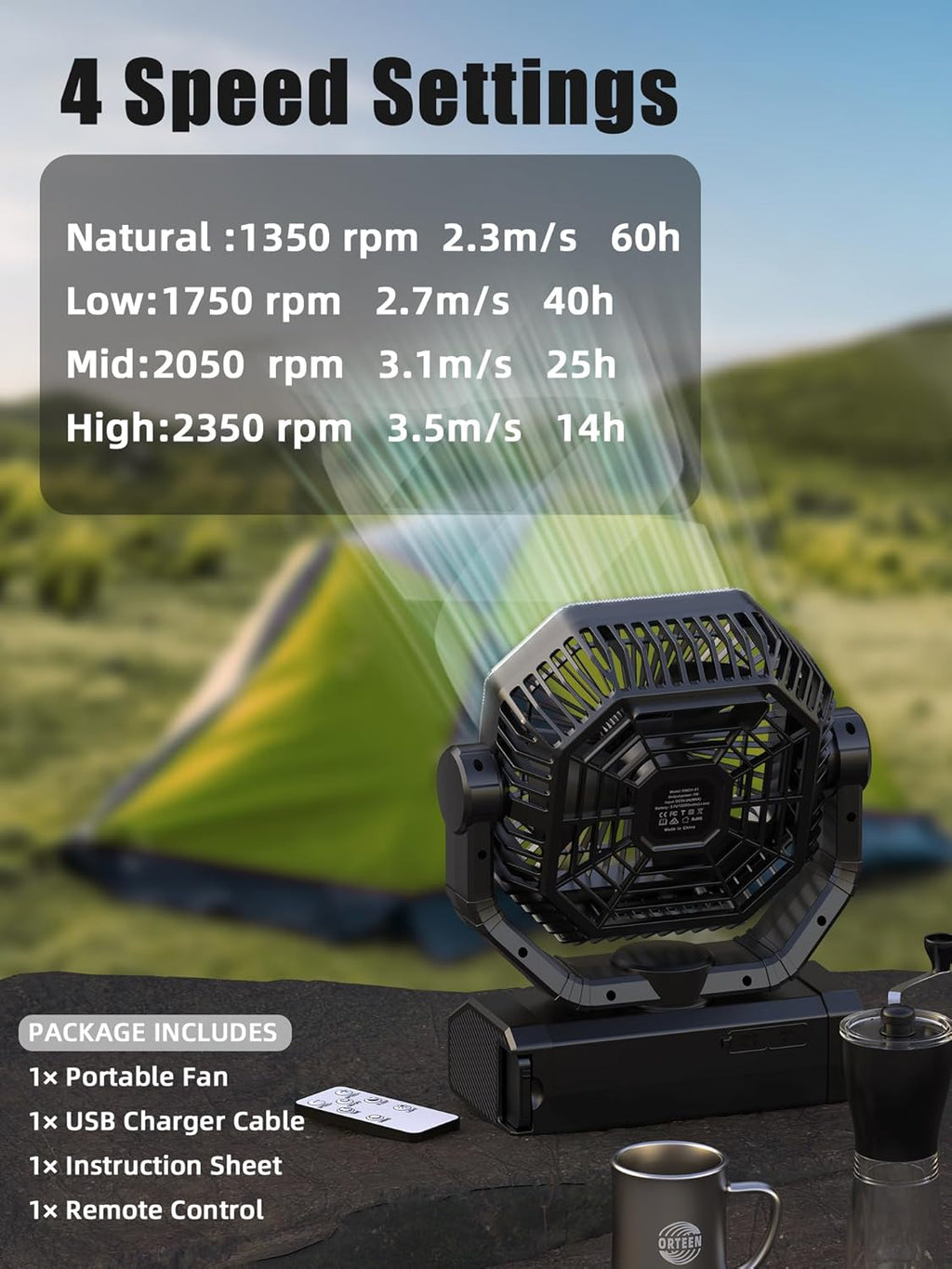 Portable Rechargeable Fan - 9-Inch Camping Fan for Tent, 20000mAh(60Hrs) Battery Operated Fan for Camping, Auto Oscillation Cordless Fans, Tent Fans with Remote/Light, 4 Speeds, 4 Timing, Outdoor