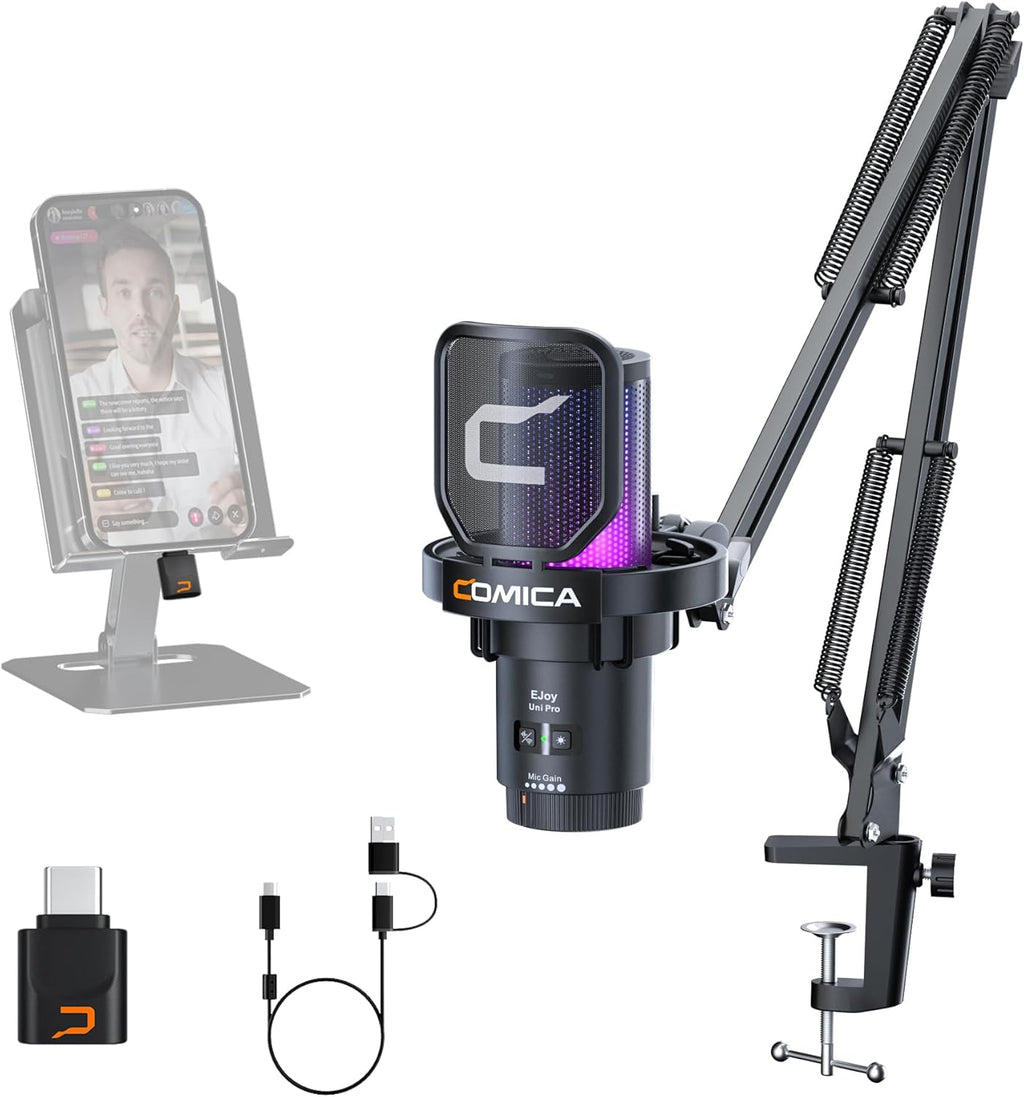 Comica EJoy Uni Pro Wireless USB Condenser Gaming for PC, PS4, PS5, USB C Phone and Mac, Boom Arm RGB Computer Mic for Twitch, Streaming, Podcasting, Noise Cancellation Mic with Mute, Gain, Monitoring