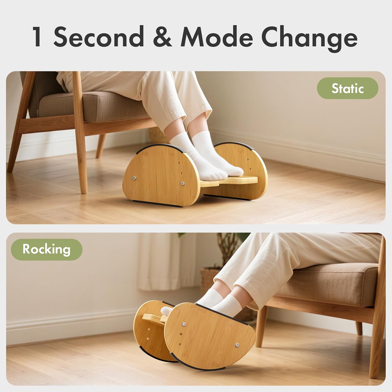 Amazer Bamboo Foot Rest for Under Desk at Work, 2-in-1 Reversible Rocking Footrest Adjustable Foot Stool, Ergonomic Footrest for Under Gaming Desk, Feet Support Leg Footstools for Home Office
