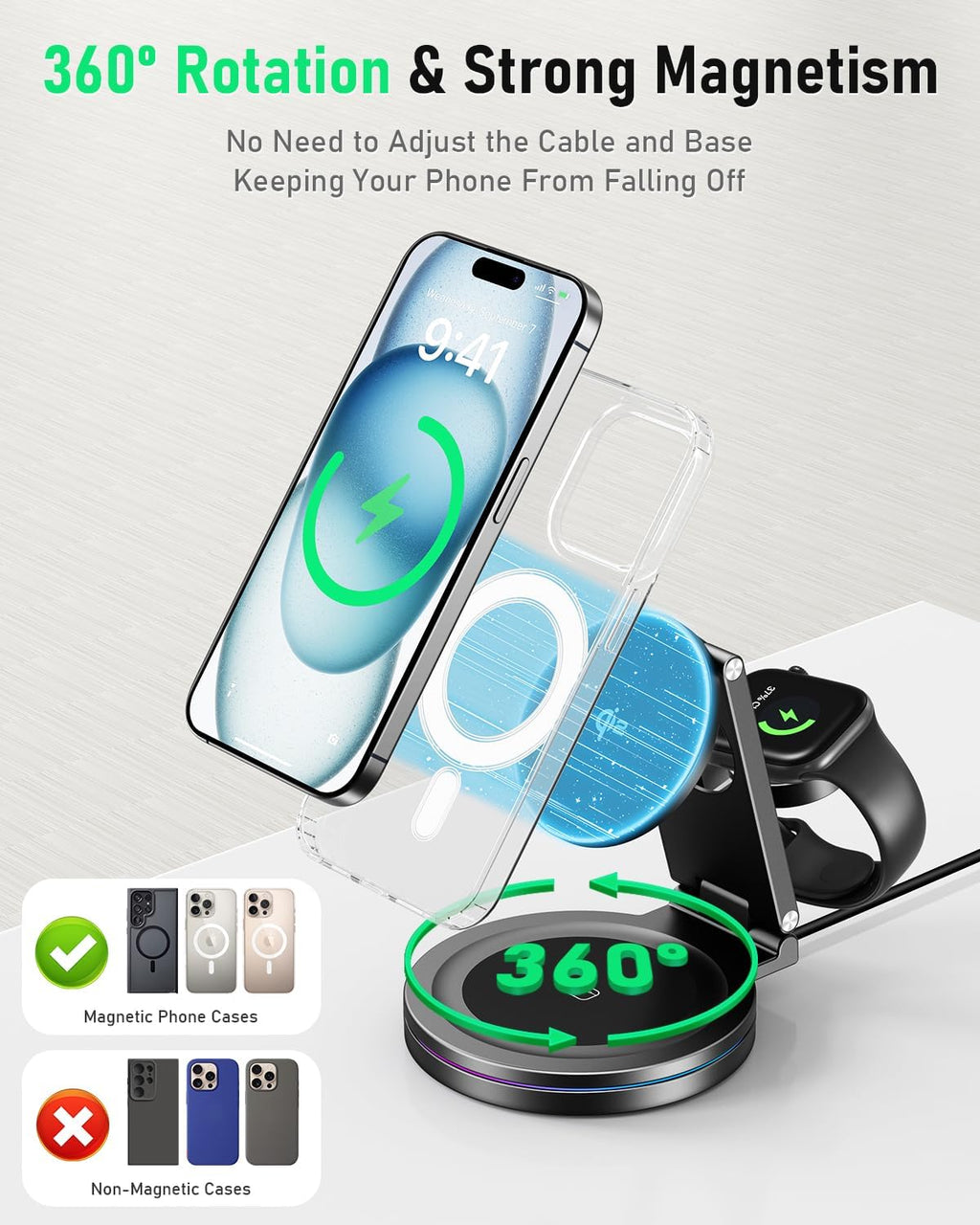 2025 Upgraded Qi2 Foldable 360º Rotatable Zinc Alloy 3 in 1 Magnetic Wireless Charging Station,3-in-1 Qi2 Charger for Apple iPhone 12~16,iWatch,AirPods(30W Adapter & Case Included)(Grey)