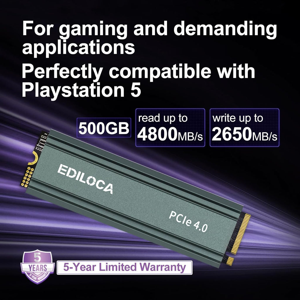 500GB M2 NVME SSD with Heatsink - PCIe Gen4.0 NVMe M.2 2280 3D NAND TLC, 4800MB/s Read, Internal Solid State Drive for PS5/PC, Dynamic SLC Cache, PS5 Storage Expansion, 5-Year Warranty(EN760)
